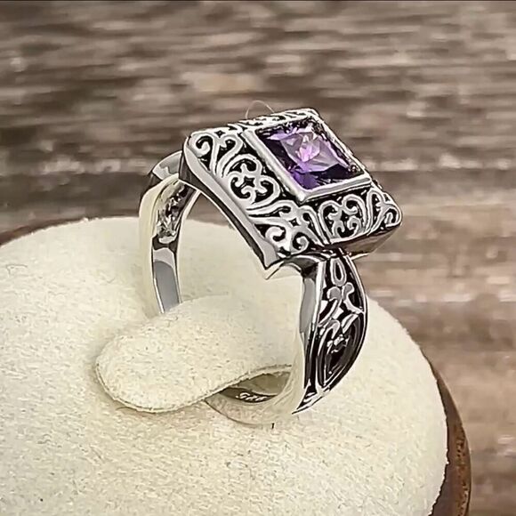 Sterling Silver Ornate Square Cut Amethyst CZ Ring New - Picture 7 of 11
